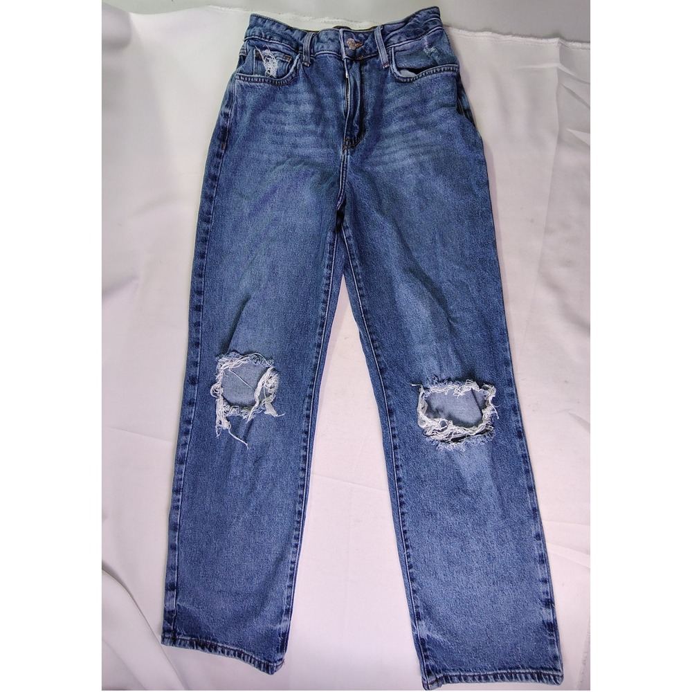 Forever 21 Premium High Rise Distressed Straight‎ Leg Ripped Denim Blue Jeans 26
